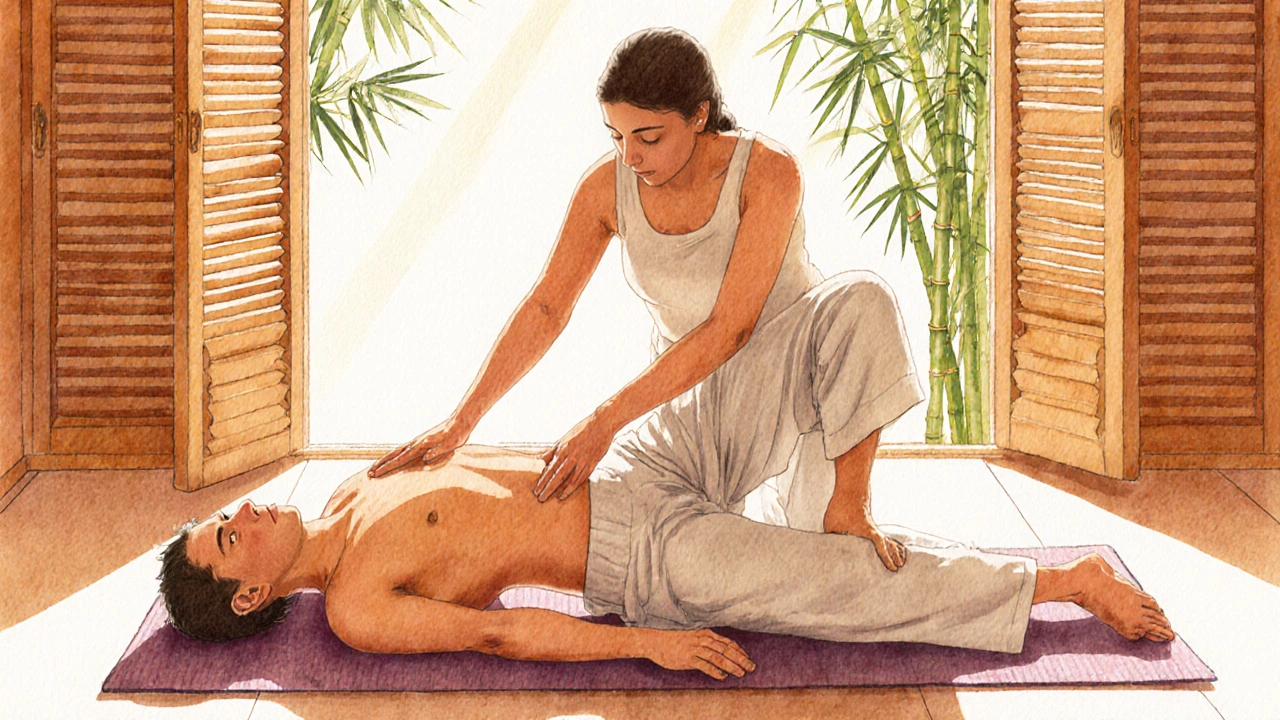 A Thai massage session on a floor mat, with a therapist gently stretching a client in loose clothing under warm sunlight.