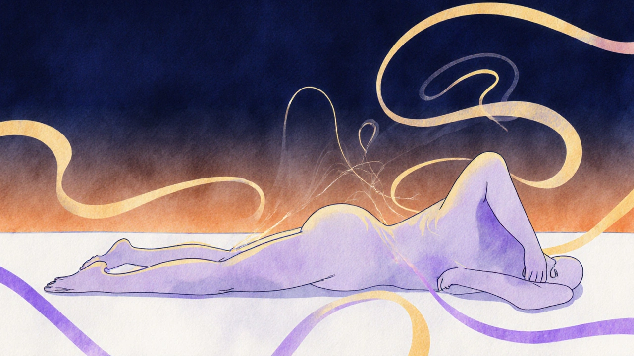 Abstract illustration of a relaxed figure surrounded by warm light ribbons.
