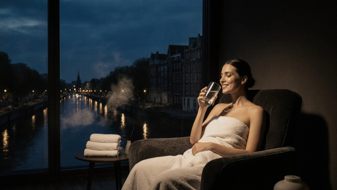 Client wrapped in towel sipping water in a cozy lounge with city lights.