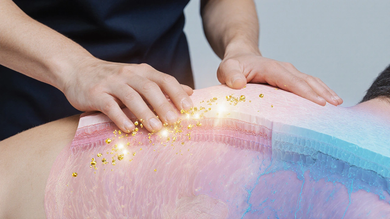 Close‑up illustration of skin‑to‑skin massage releasing golden endorphin particles and fading blue stress.