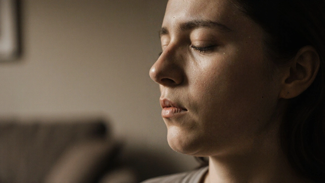 Close-up of a person breathing slowly, eyes closed, jaw relaxed, in a quiet interior space.