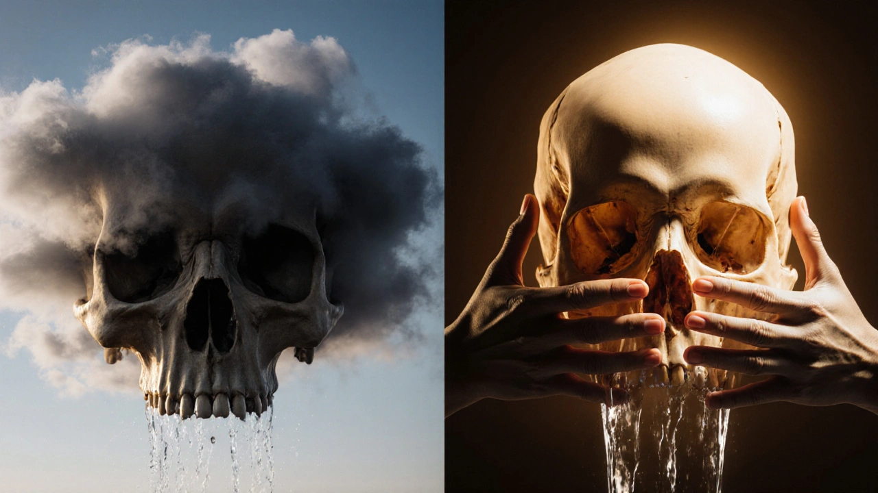 Conceptual split image: congested skull on left, clear sinuses with light on right, hands cradling head.
