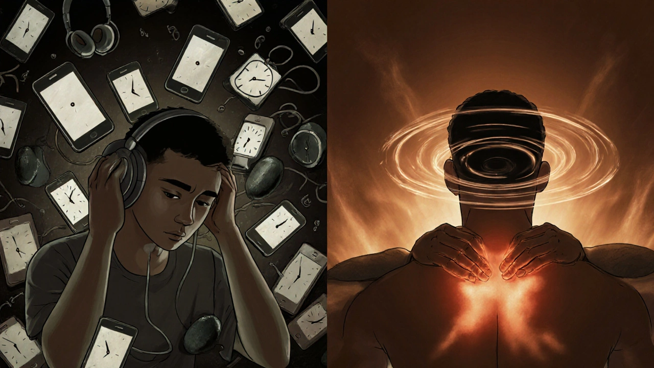 Contrasting image of stress and calm: chaotic tech clutter vs. peaceful massage with warm stones.