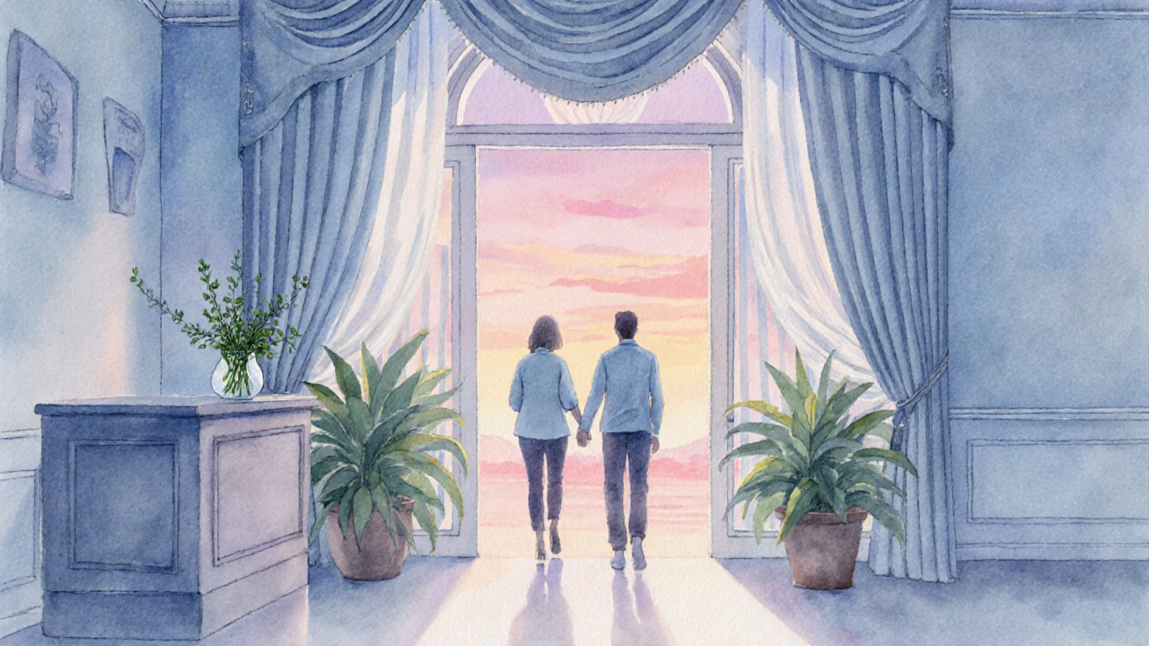 Couple entering a pastel‑colored spa entrance with soft lighting.