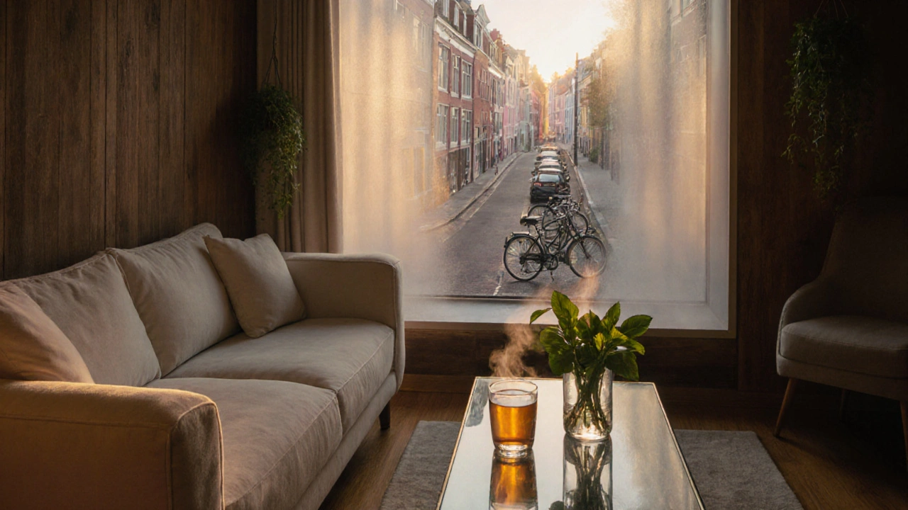 Cozy Amsterdam spa lounge with water glass, tea cup, herbs and a street view through a window.