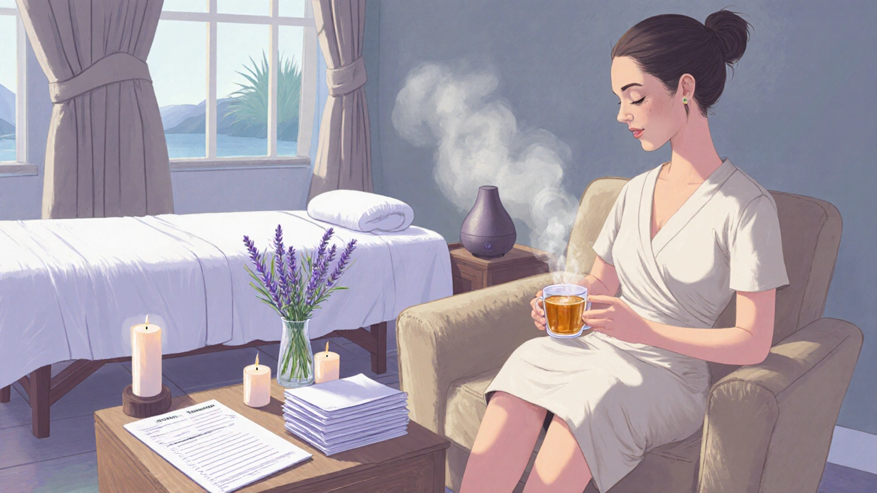 Cozy spa reception with tea, questionnaire, candles, and a prepared massage table.
