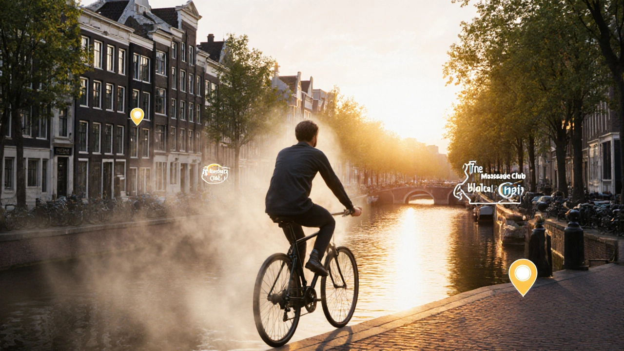 Cyclist riding past canal houses, stress mist fading away after a relaxing massage.