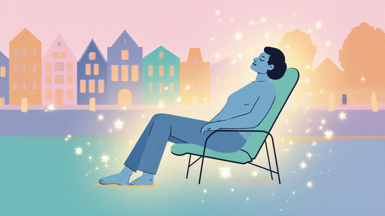 Figure in lounge chair with glowing aura, reflecting post‑massage relaxation in Amsterdam.