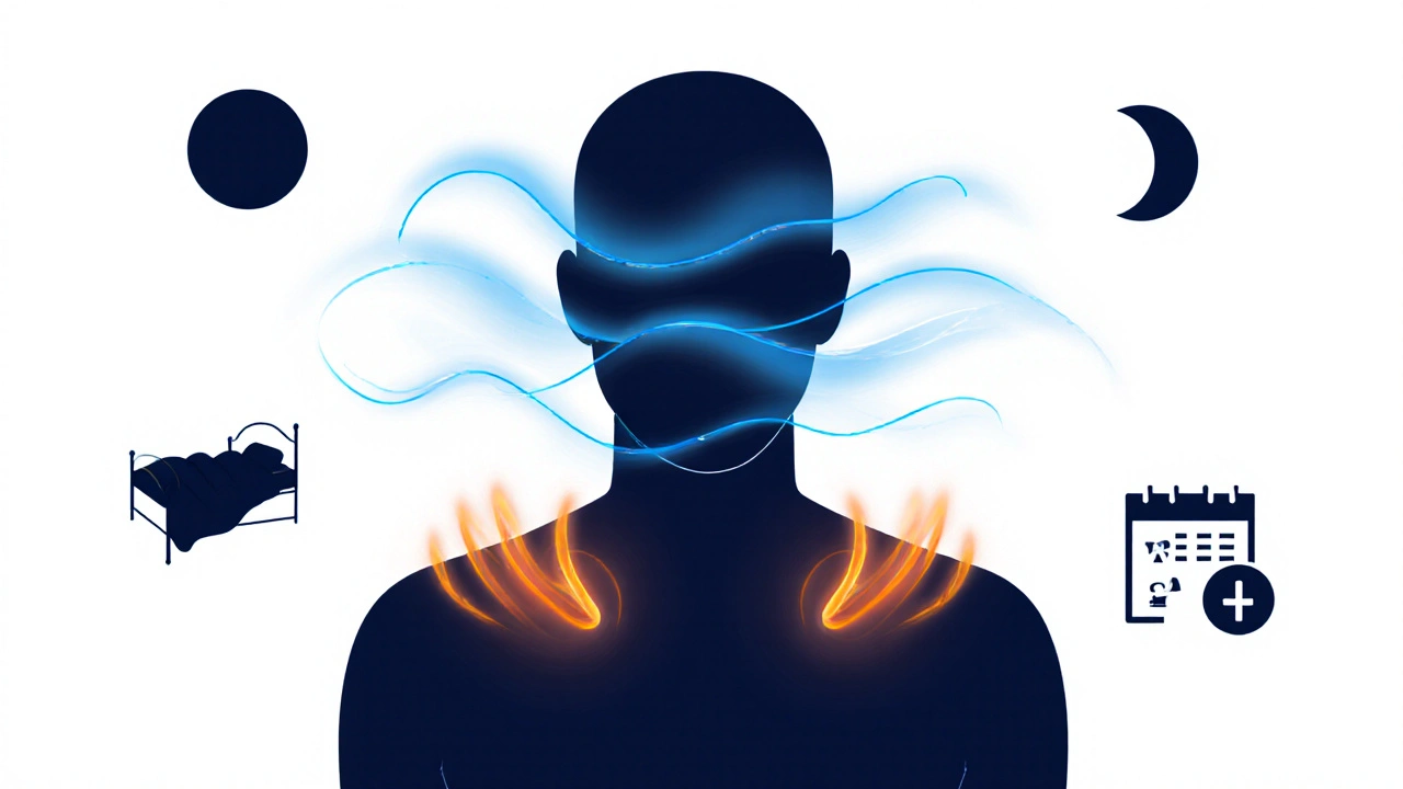 Illustration of stress reduction showing calm waves and wellness icons around a person.