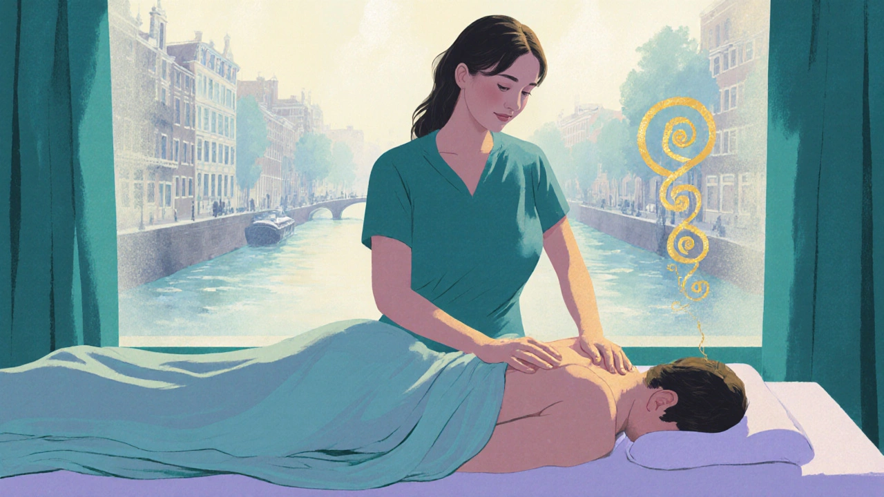 Illustration of therapist gliding over client in a soft‑lit room, showing breath connection.