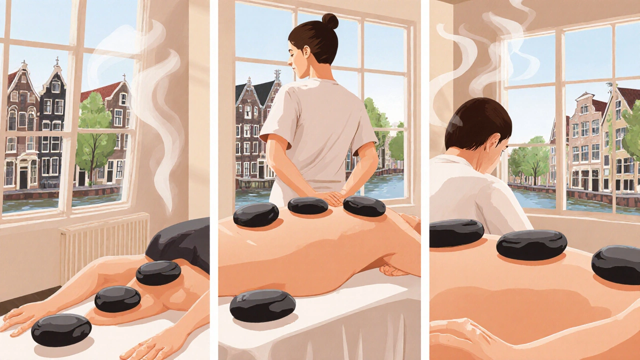 Illustration of three hot stone massage styles with canal houses visible through windows.