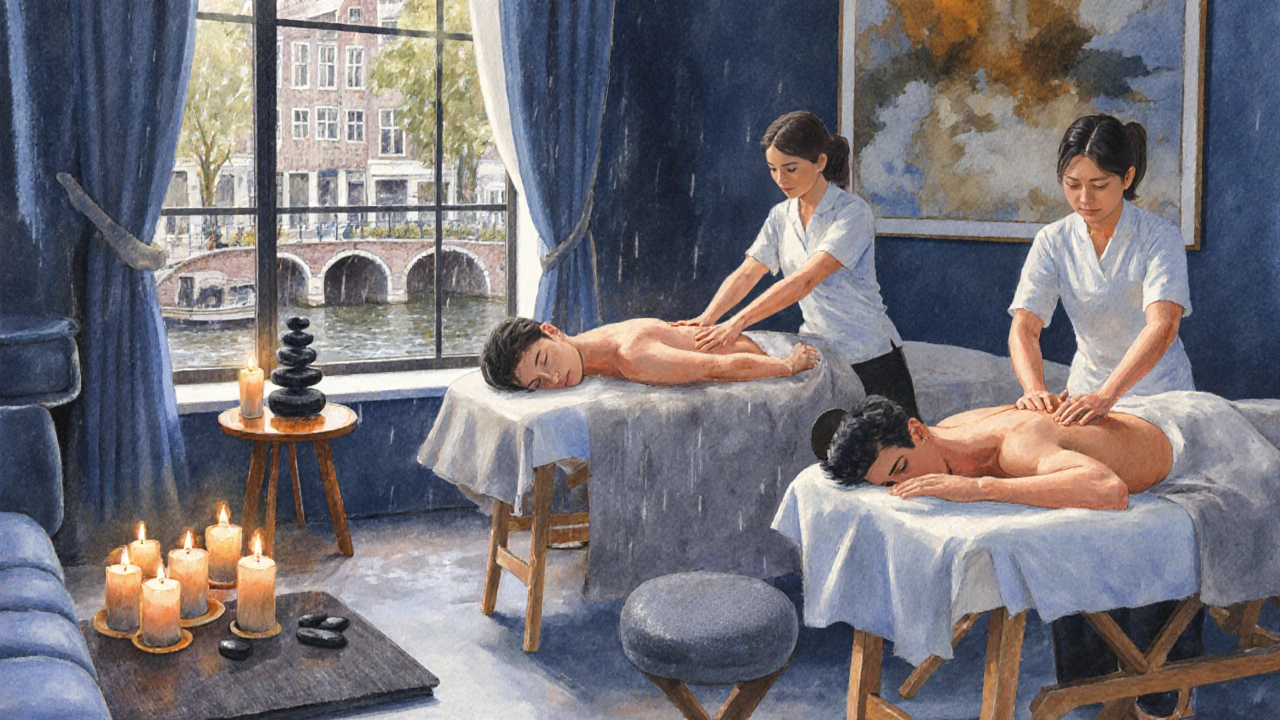 Interior studio showing three massage styles—Swedish, deep tissue, Thai—under soft lighting.