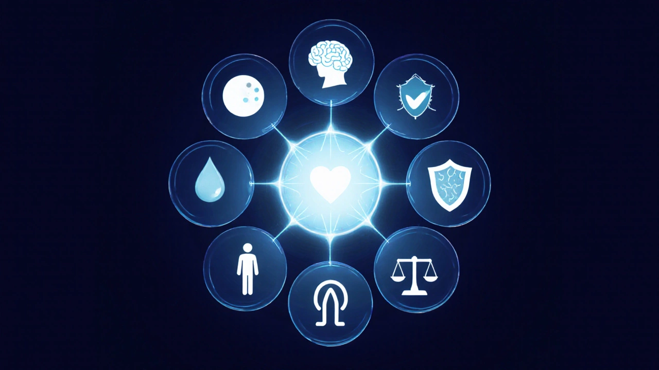 Mandala of icons illustrating ten full‑body massage benefits.