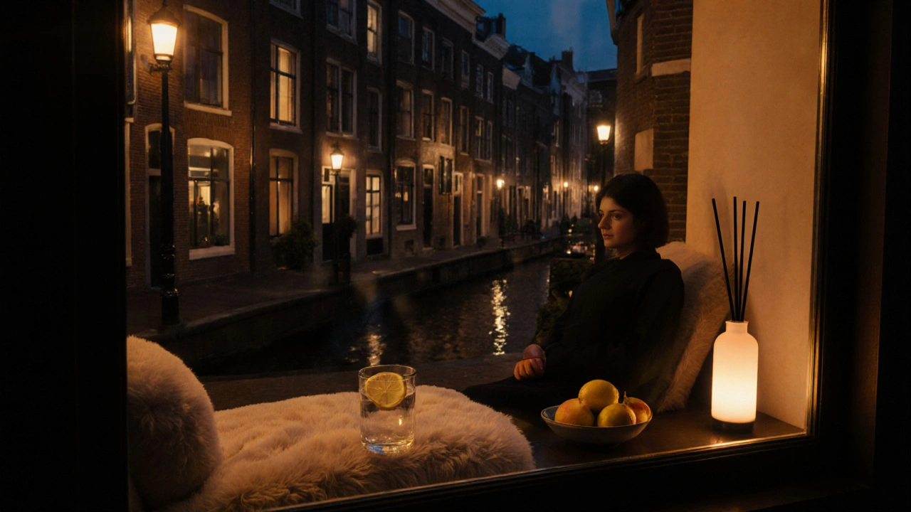 Night view of Amsterdam canal with spa interior showing relaxation items.