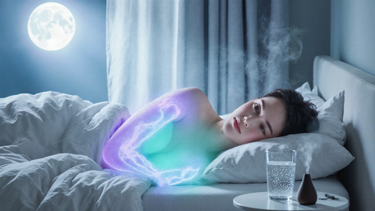 Peaceful bedroom scene with a relaxed person, moonlight, glowing aura, and a glass of water after a massage.