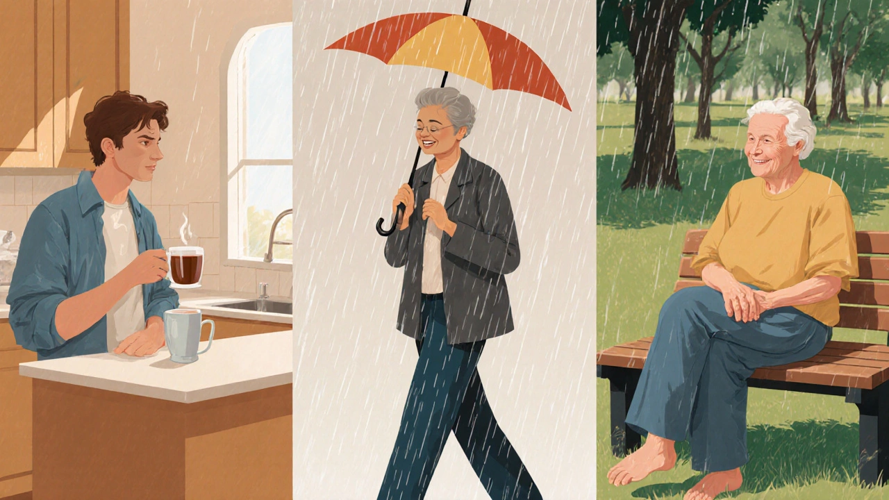 People in everyday moments pausing to feel present — drinking tea, walking in rain, holding hands silently.