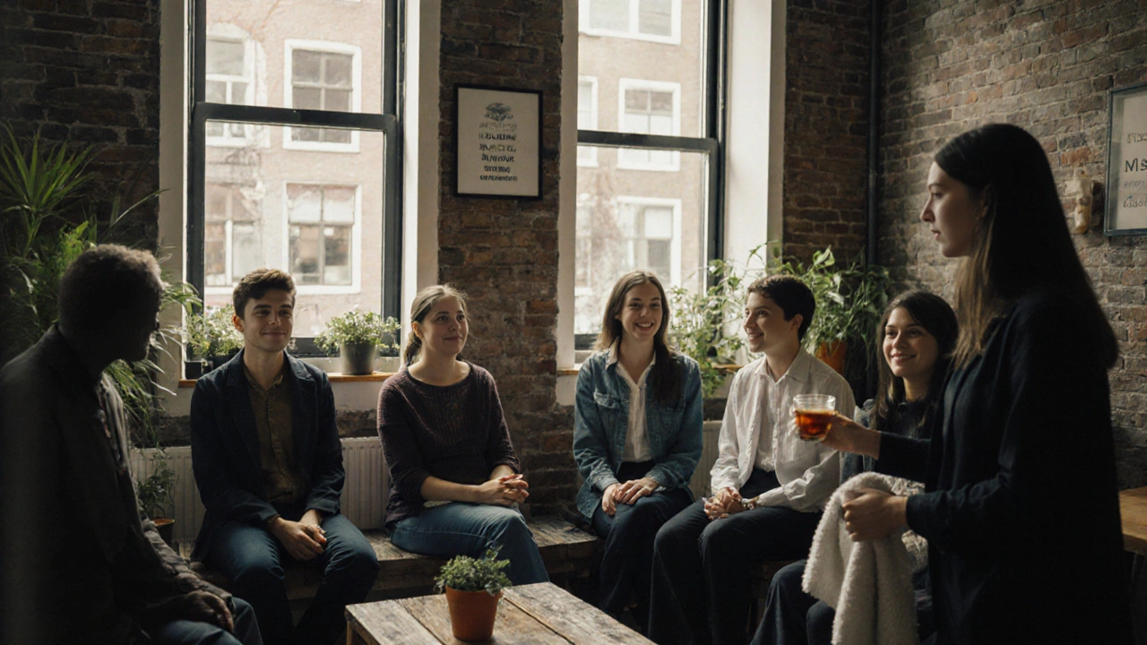 People relaxing in a calm massage studio waiting area, sipping tea and preparing for their sessions.