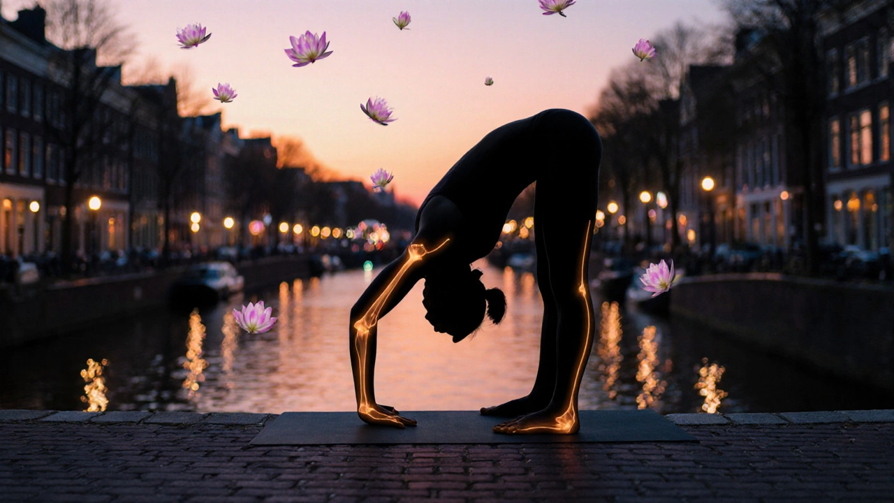 Person doing a deep forward bend by a canal at sunrise, with glowing joint lines.