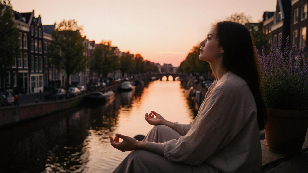 Person meditating on a balcony overlooking sunset over Amsterdam canals, feeling serene.
