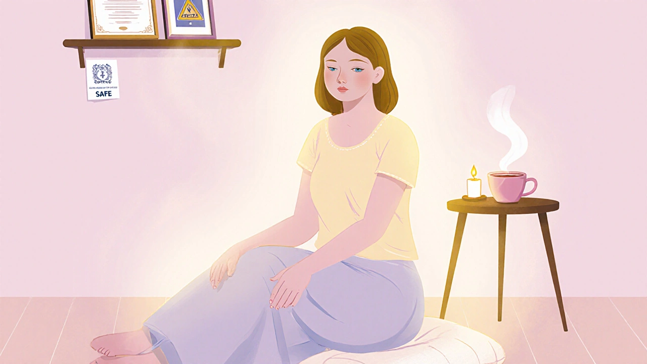 Post‑massage client seated peacefully with aura, tea, and visible certification shelf.