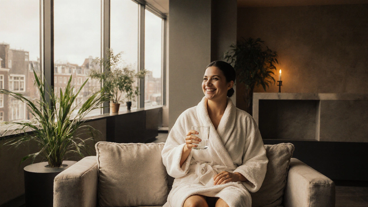 Relaxed client sipping water in a bright lounge after a Swedish massage.