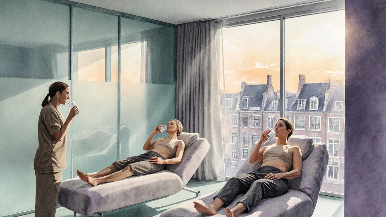 Relaxed couple side‑by‑side after a body‑to‑body massage, sipping water in a sunlit room with Amsterdam rooftops outside.
