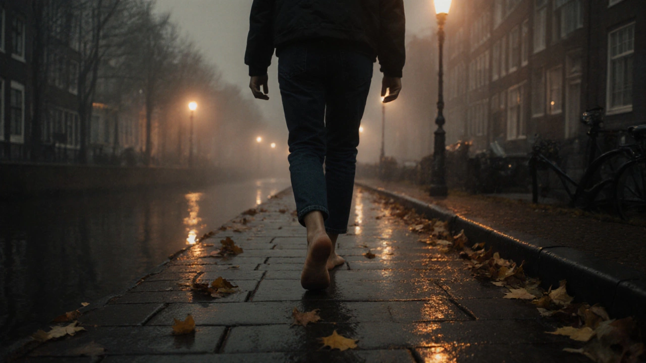 Someone walking barefoot along a misty canal path, noticing the world around them.