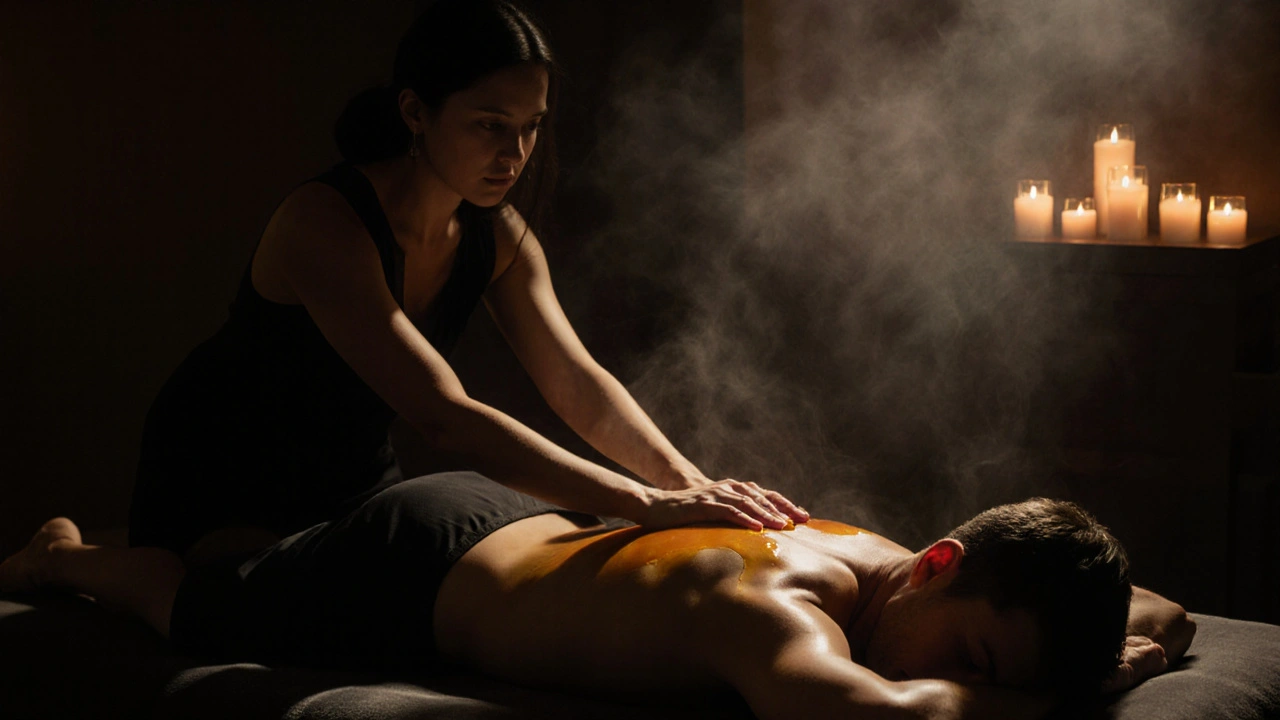 Therapist gliding their torso over a client with oil in dim, intimate lighting.