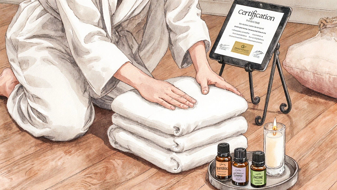 Therapist in neutral robe arranging linens, heated blanket, and oil bottles.