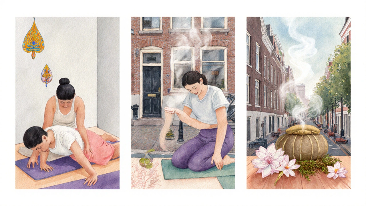 Three watercolor panels showing traditional, yoga‑style, and herbal Thai massages in Amsterdam.