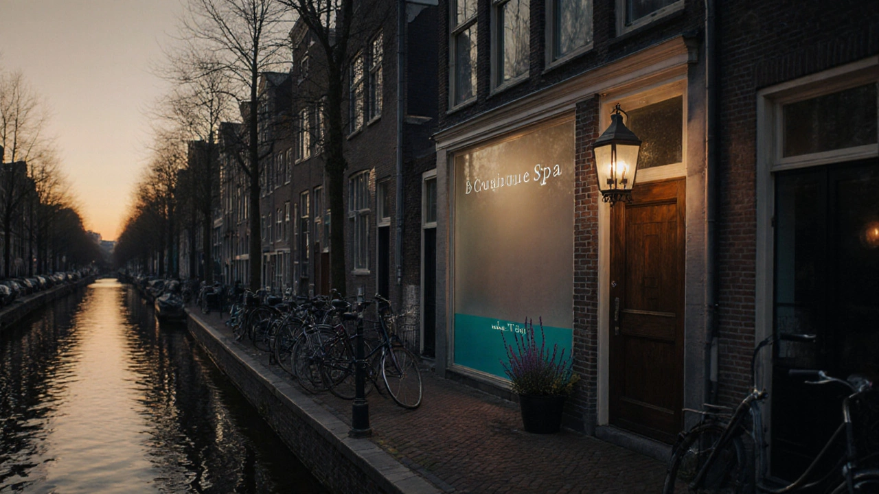 Twilight view of Jordaan street with a boutique spa entrance and canal reflections.