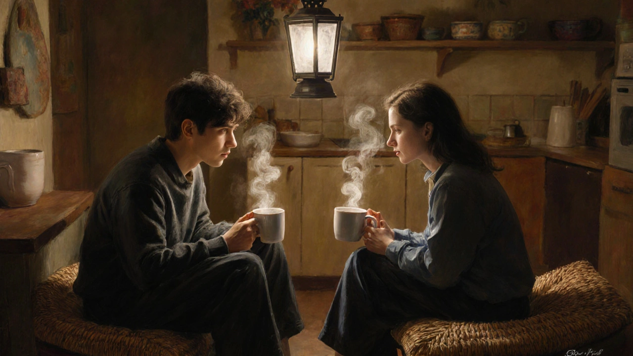 Two people sitting quietly in a kitchen, making eye contact without words.