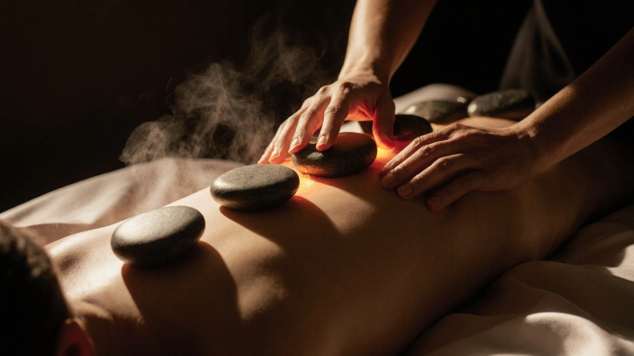 Warm stones placed along a back during a hot stone massage, with steam rising and soft light highlighting the healing warmth.