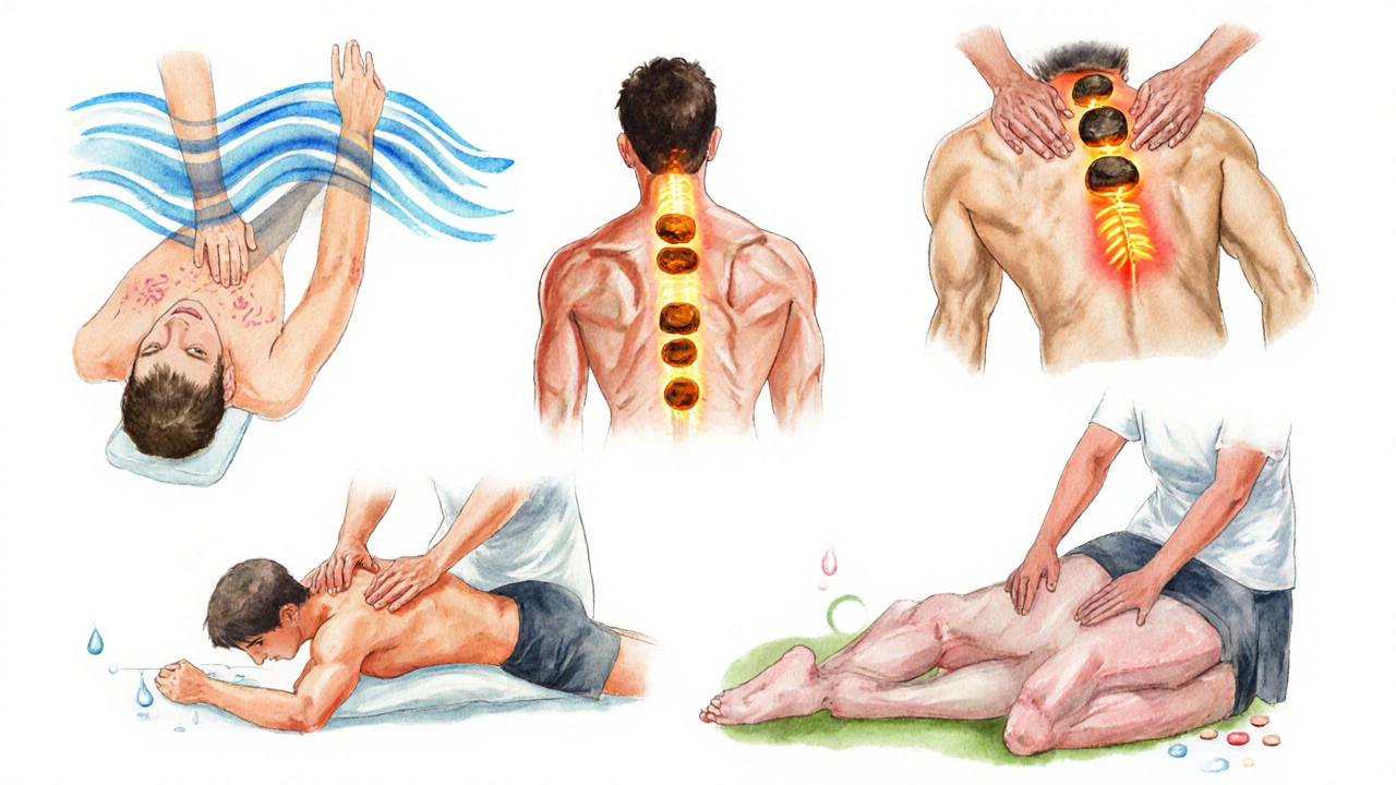 Watercolor collage showing seven massage types: Swedish, deep‑tissue, hot‑stone, Thai, lymphatic, aromatherapy, sports.