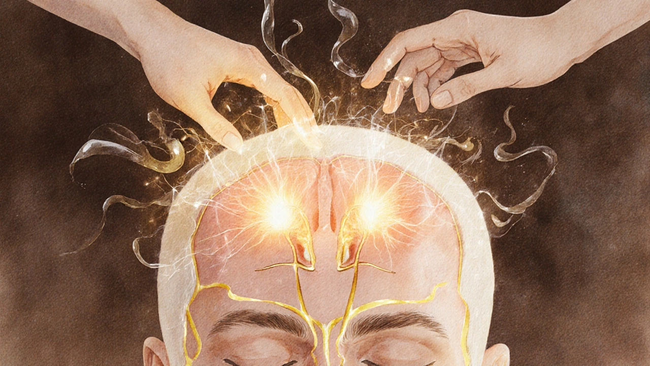 Watercolor illustration of head pressure points connected by golden lines to sinus cavities.