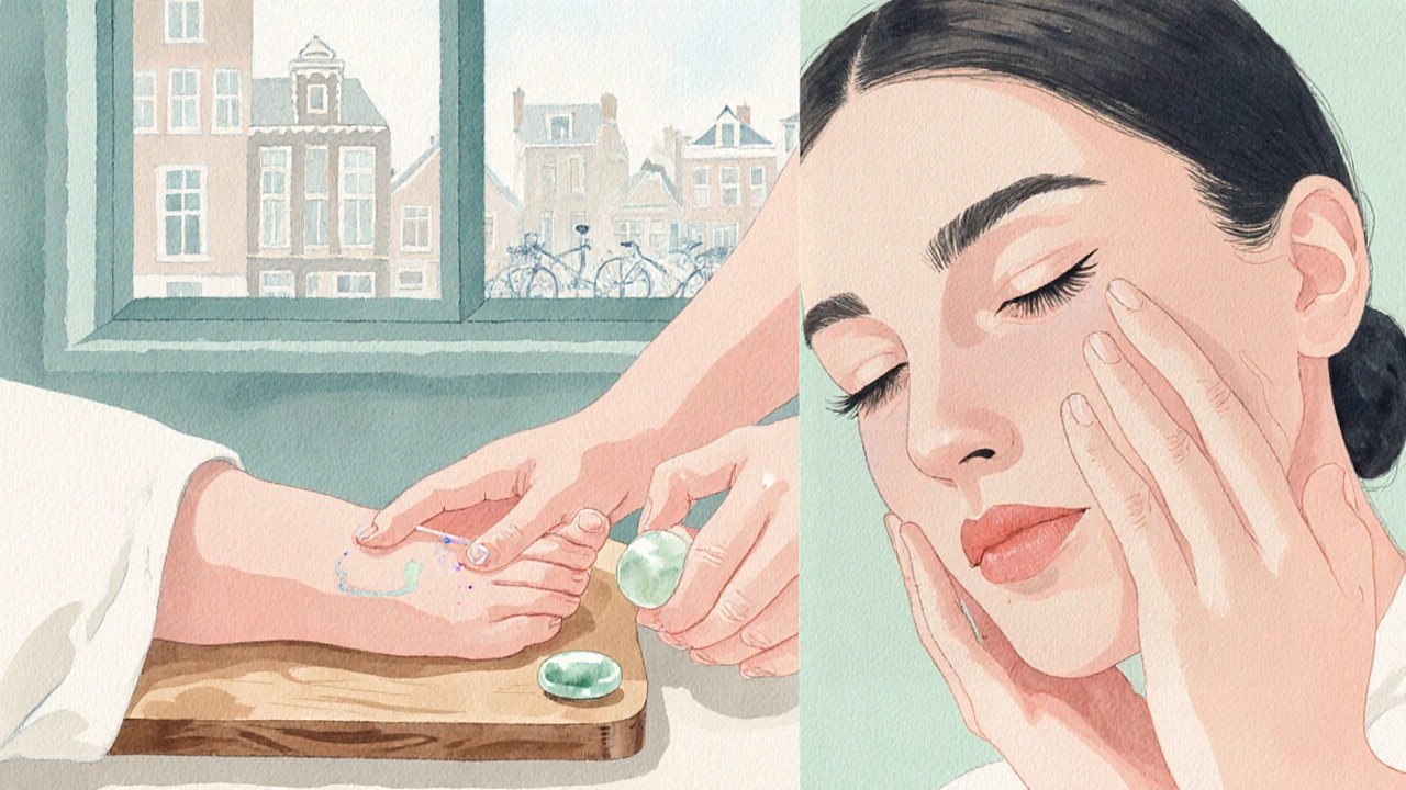 Watercolor of foot and facial Tuina with jade tool, set in a cozy studio showing quiet canal houses outside.
