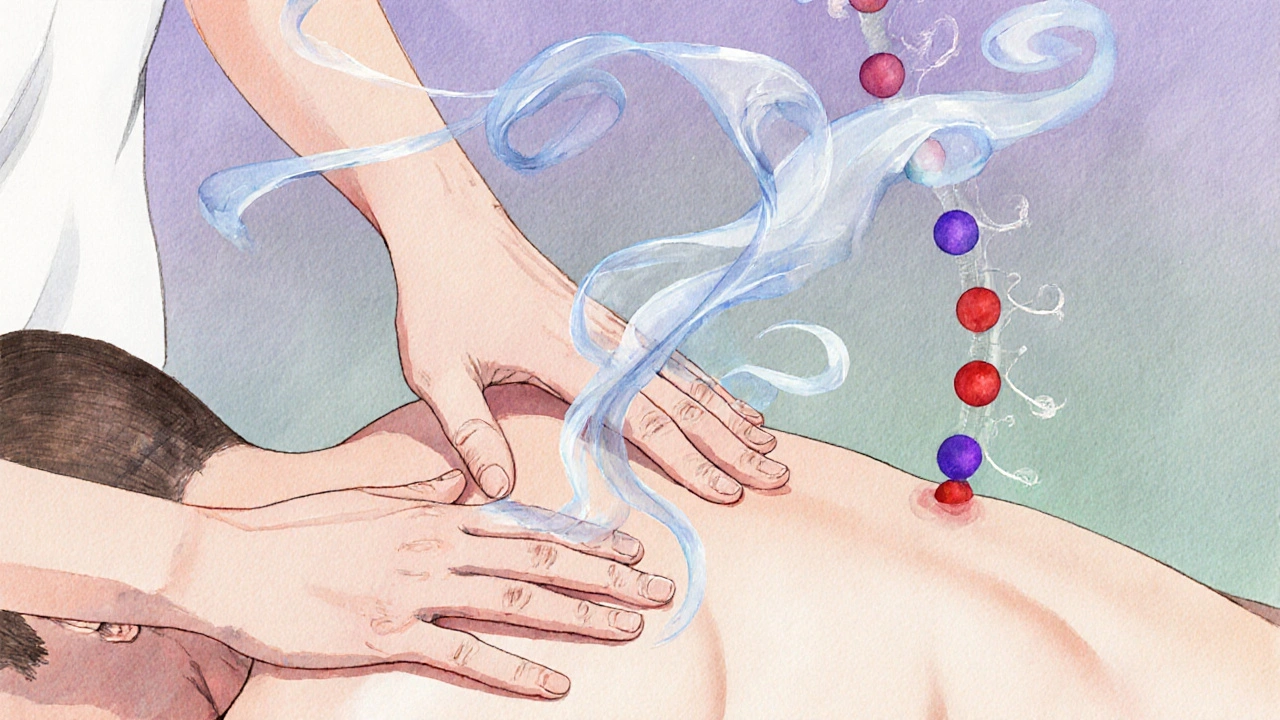 Watercolor scene of therapist's hands and breath lines aligning chakras along a spine.