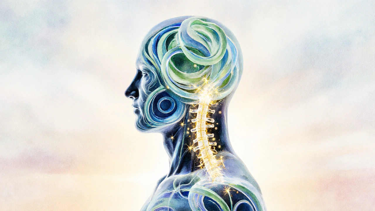 Watercolor silhouette showing flowing circulation and lymphatic ribbons.