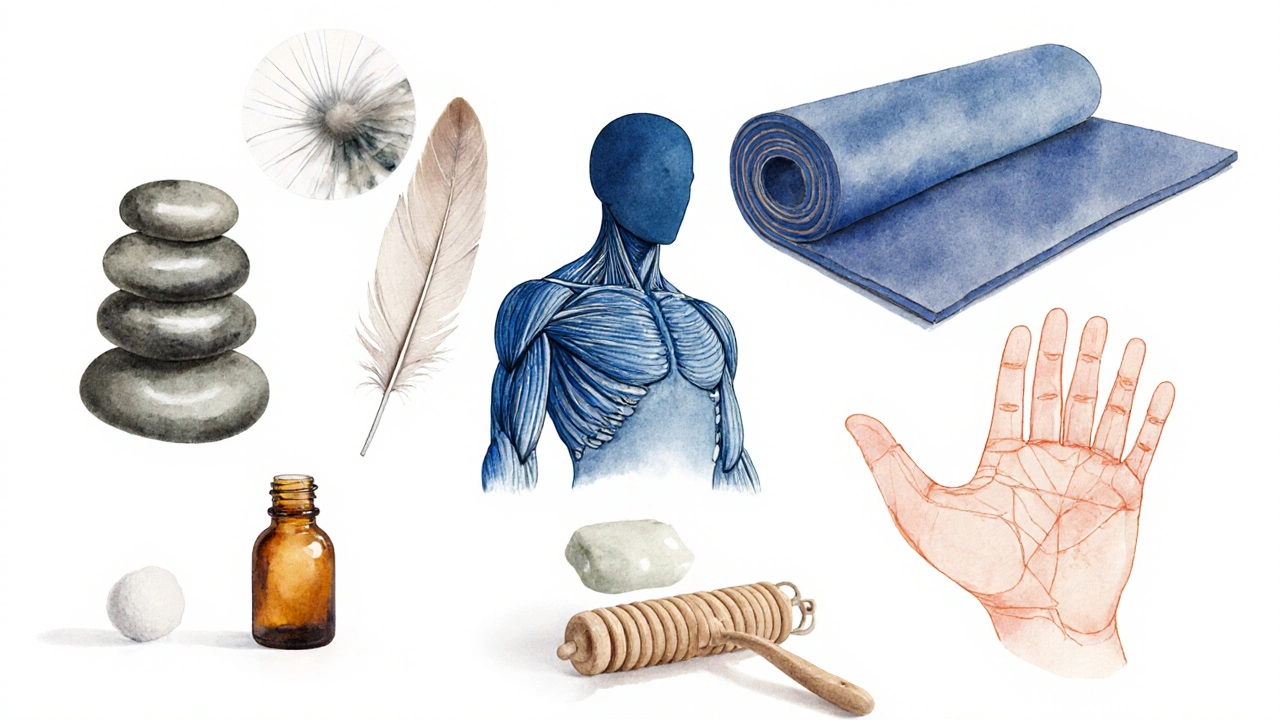 Watercolor still life of items representing ten massage techniques.