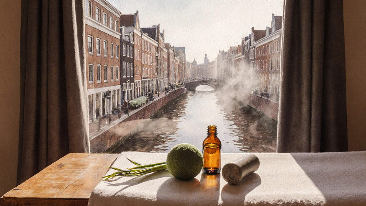 Wooden table with herbal compress ball, oil bottle and foot roller by an Amsterdam canal window.