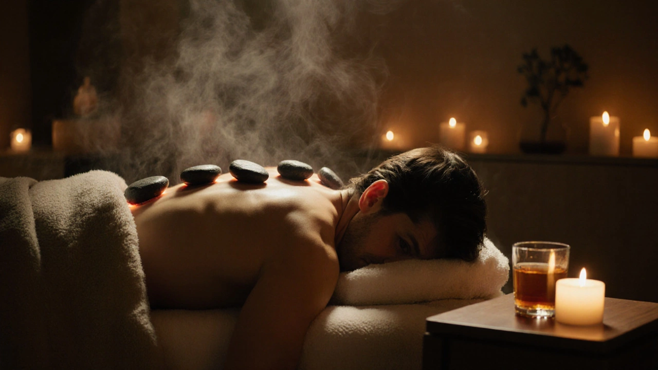 A hot stone massage with warm stones on the back, candlelight, and herbal steam in a luxurious spa setting.