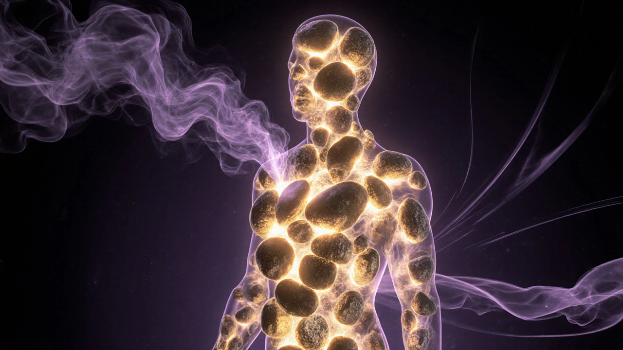 A human body surrounded by glowing stones emitting golden light, symbolizing deep relaxation and the melting away of physical tension.