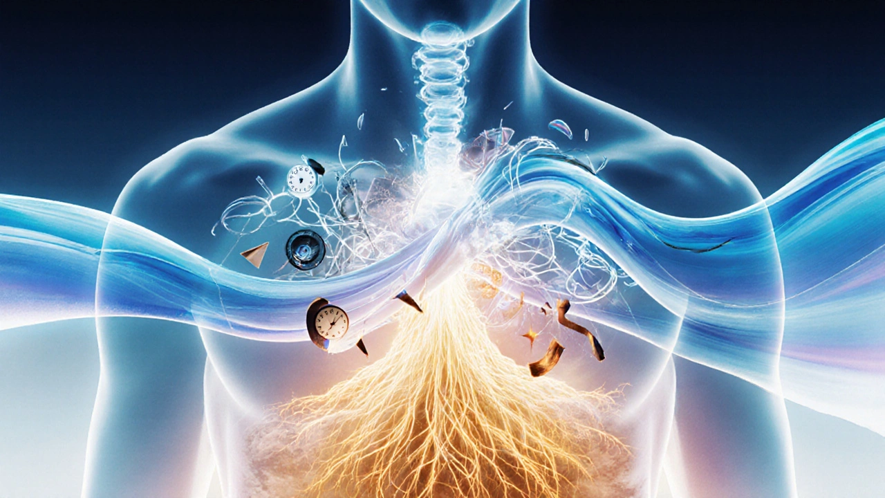 A human silhouette radiating calm light, with stress symbols dissolving into the air as roots ground the body.