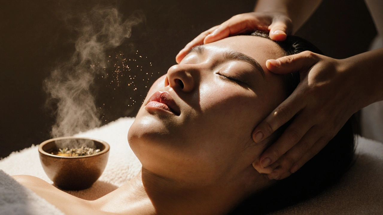 A person’s peaceful face during a massage, tears softly shining, with warm sunlight and herbal steam in the background.