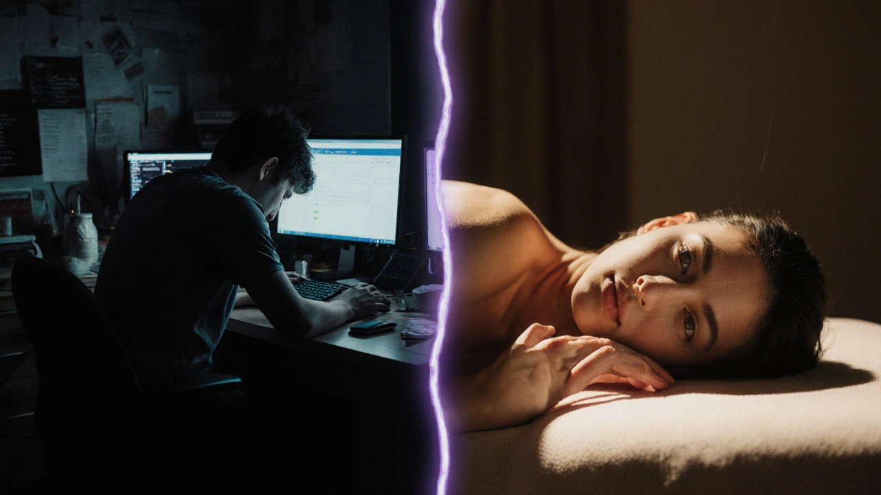 A person transformed from stressed at a desk to peaceful on a massage table, shown in split scene.