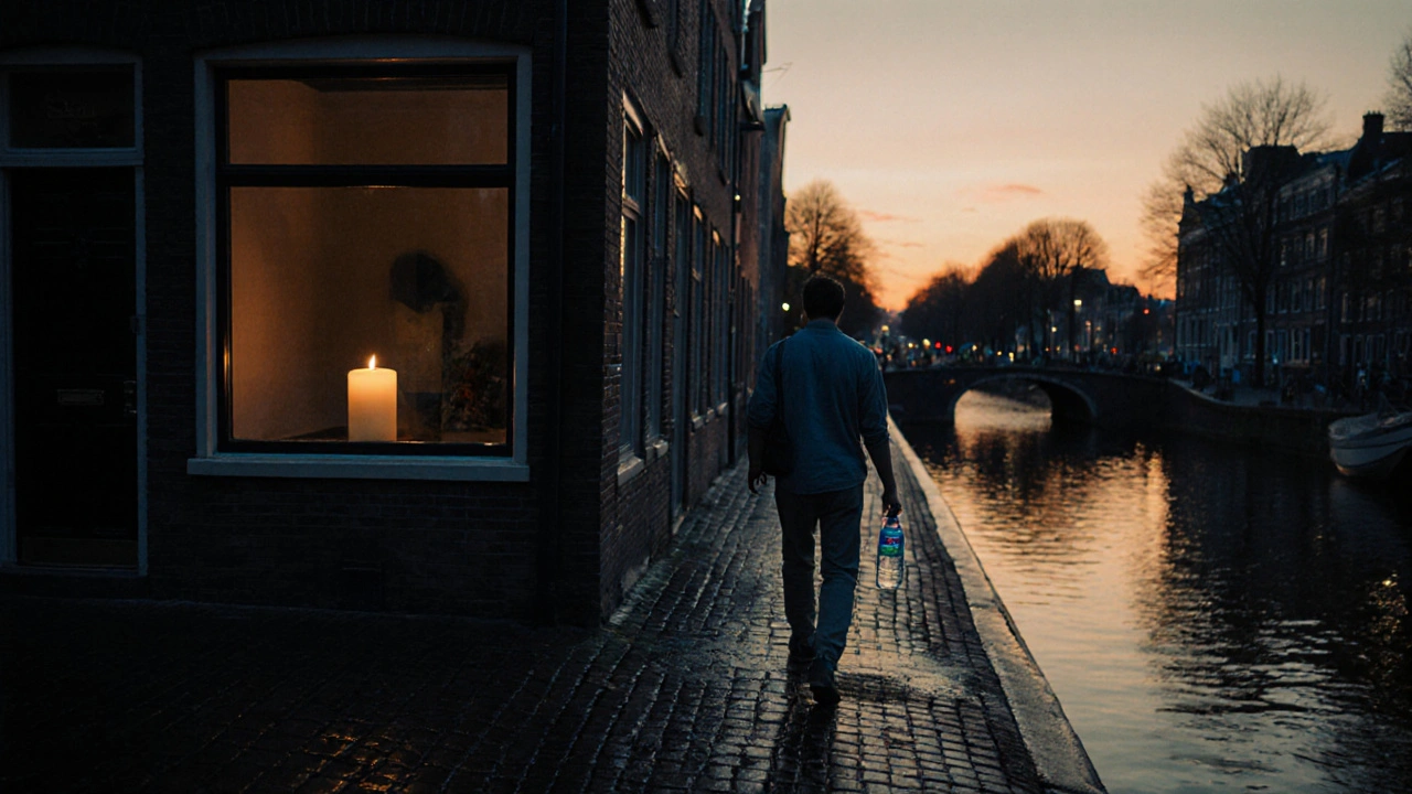 A quiet Amsterdam street at dusk, a candlelit studio window glowing softly on wet cobblestones.