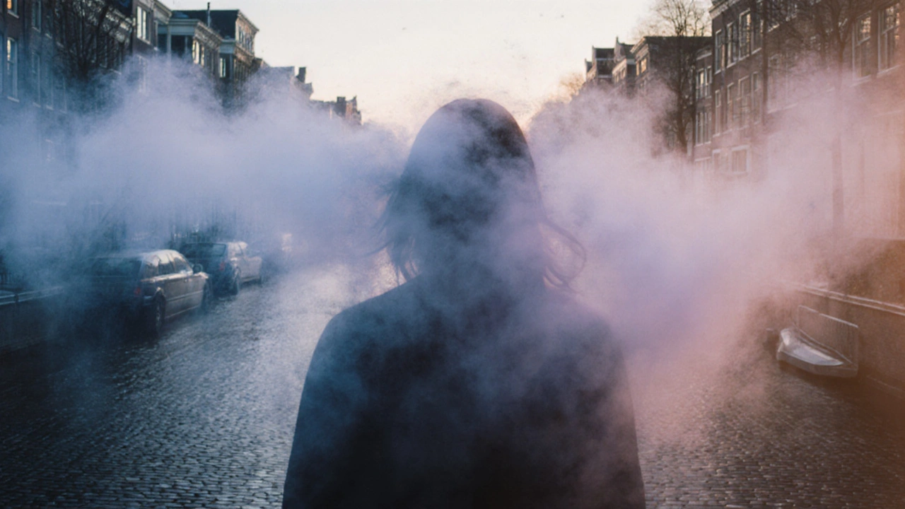 A silhouette dissolving into calming mist over Amsterdam’s canals, representing the release of travel stress.