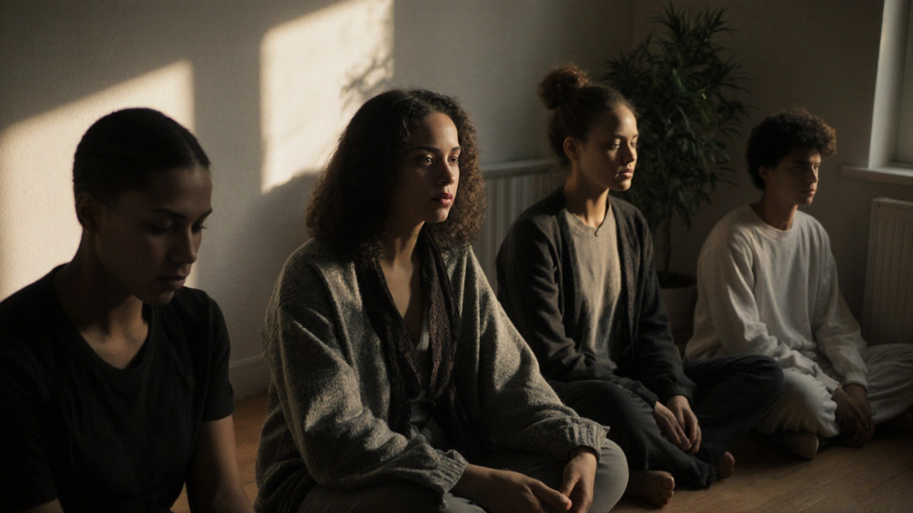 A small group sitting in silent presence in a simple Amsterdam living room.