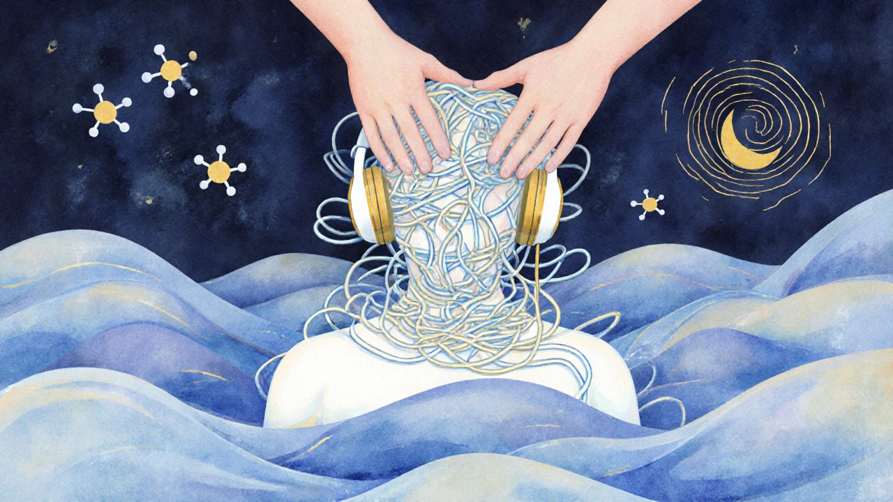 A symbolic figure of tangled headphones gently unraveling into flowing light as massage hands work above, representing stress release.