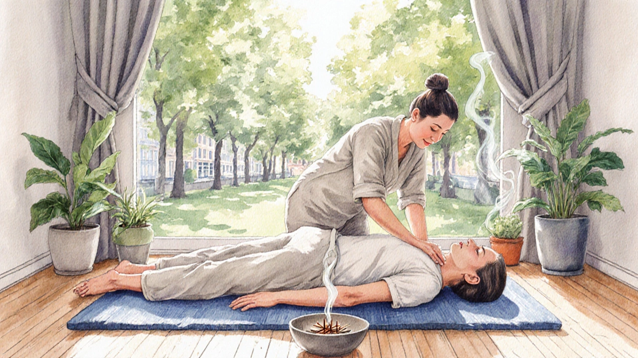 A Thai massage session in natural light near Vondelpark, therapist gently stretching a clothed client among plants.